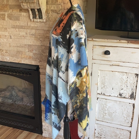 Riah Fashion blue distressed paint splatter open front layering kimono shawl - Picture 11 of 15